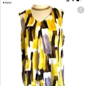 Kasper Yellow Satin V Neck Water Color Paint Shell Size PS